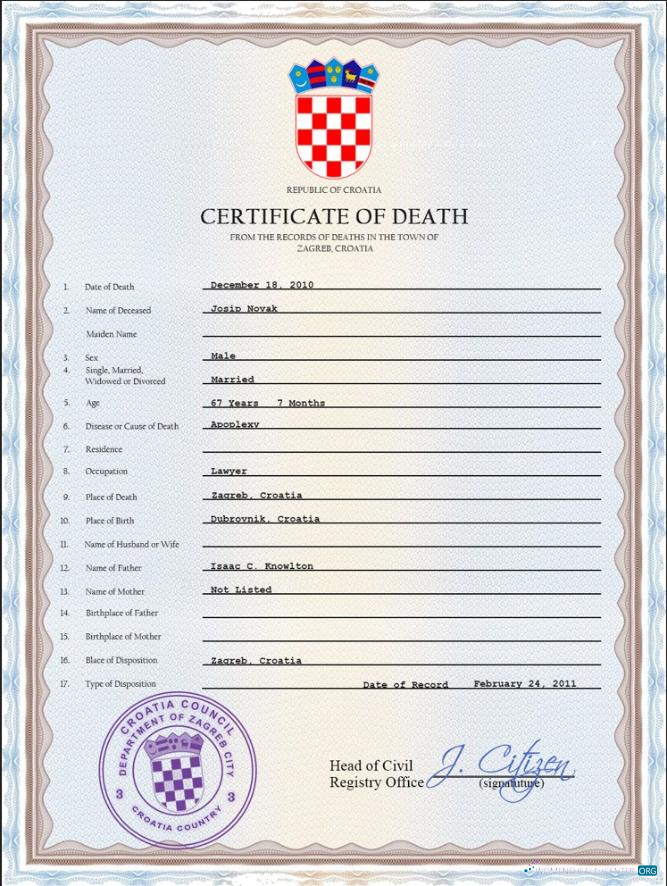 Download Croatia death certificate PSD template Photoshop template